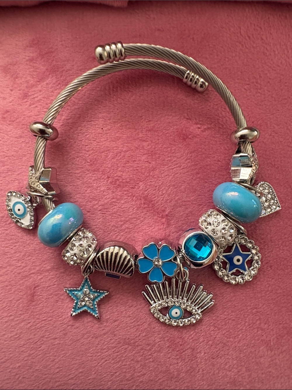Silver Tone Charm Bangle Bracelet with Blue Enamel and Crystal Accents